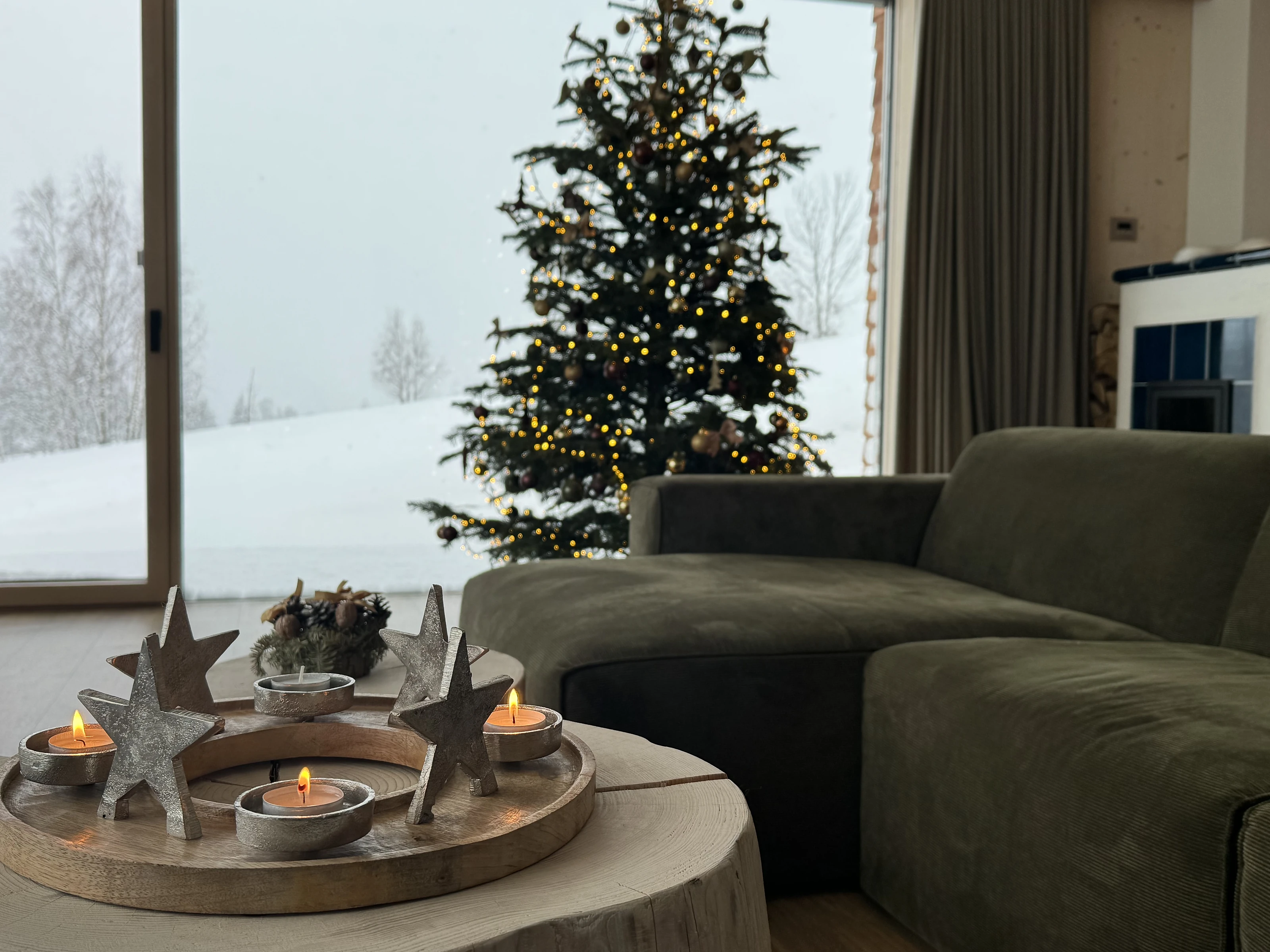Christmas tree against the snowy landscape outside